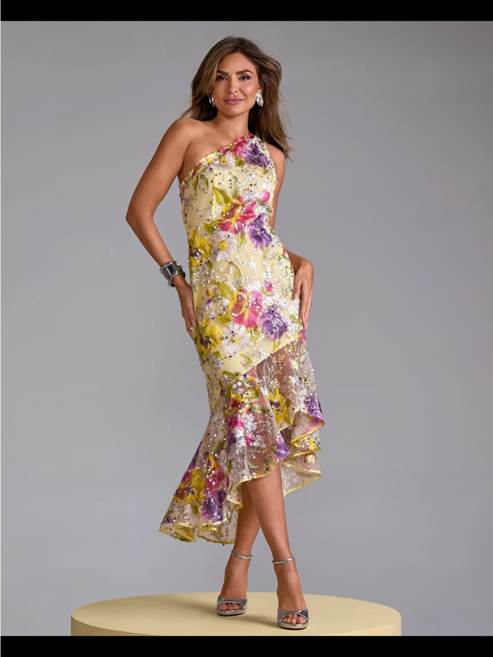 Boston Proper Yellow Floral One-Shoulder High-Low Skirt